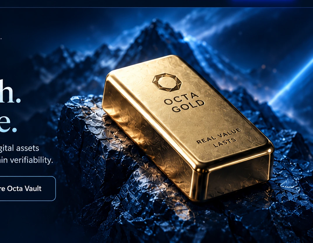 Gold bullion resting in a dark blue mineral landscape